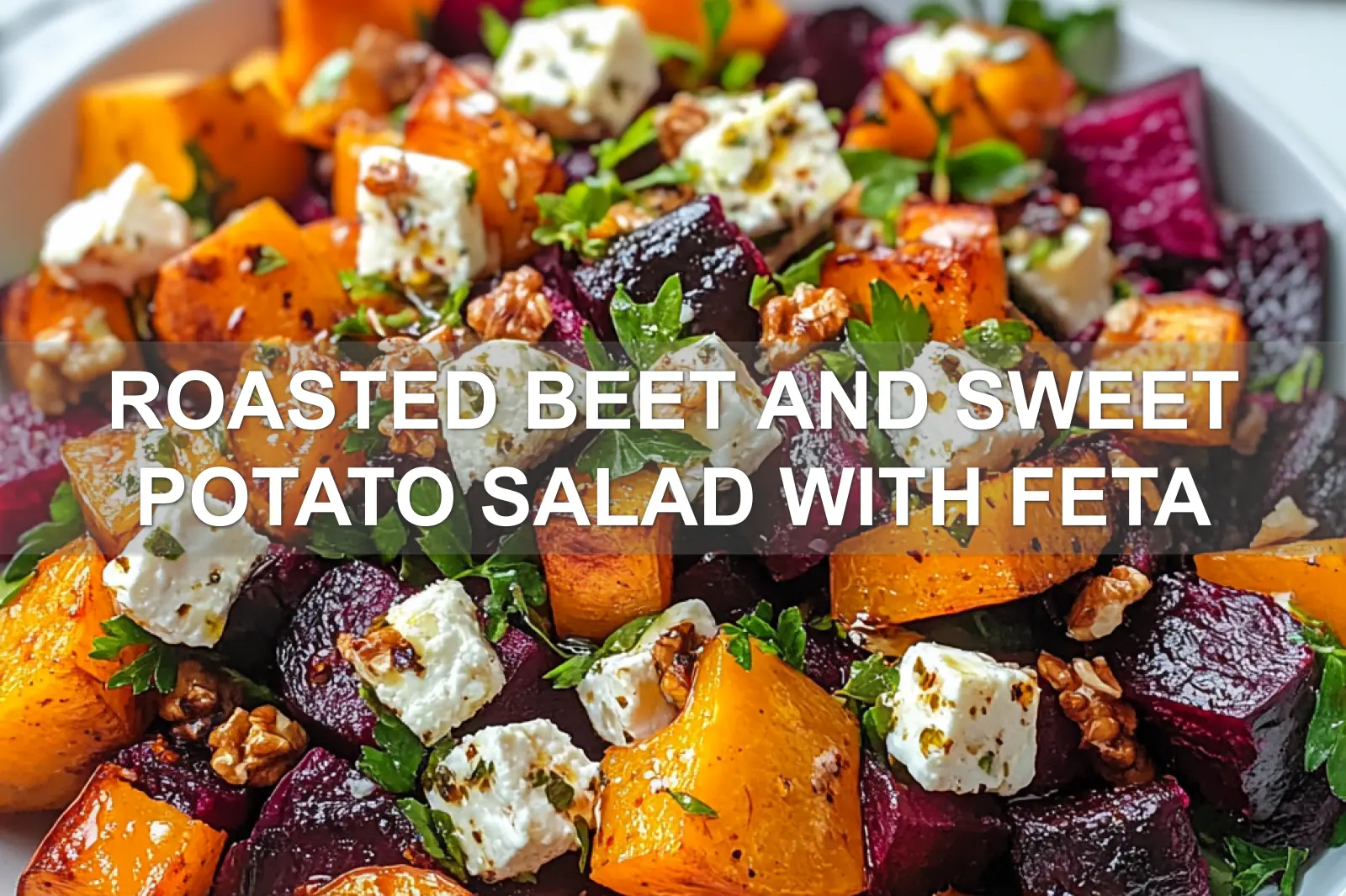 Roasted Beet and Sweet Potato Salad with Feta Secrets 2 ROASTED BEET AND SWEET POTATO SALAD WITH FETA centered hero view, clean and uncluttered