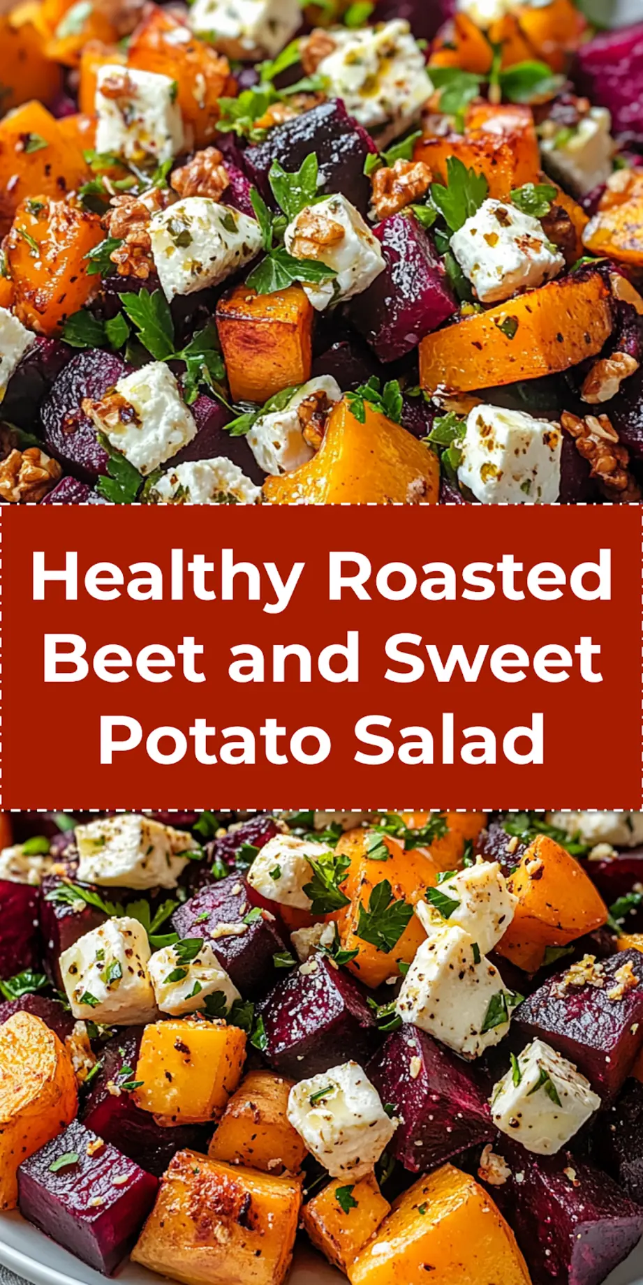 Roasted Beet and Sweet Potato Salad with Feta Secrets 4 Vibrant Roasted Beet and Sweet Potato Salad with Feta, garnished with fresh parsley, in a white serving bowl, perfect for sharing