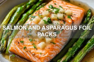 SALMON AND ASPARAGUS FOIL PACKS centered hero view, clean and uncluttered