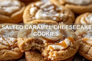 SALTED CARAMEL CHEESECAKE COOKIES centered hero view, clean and uncluttered