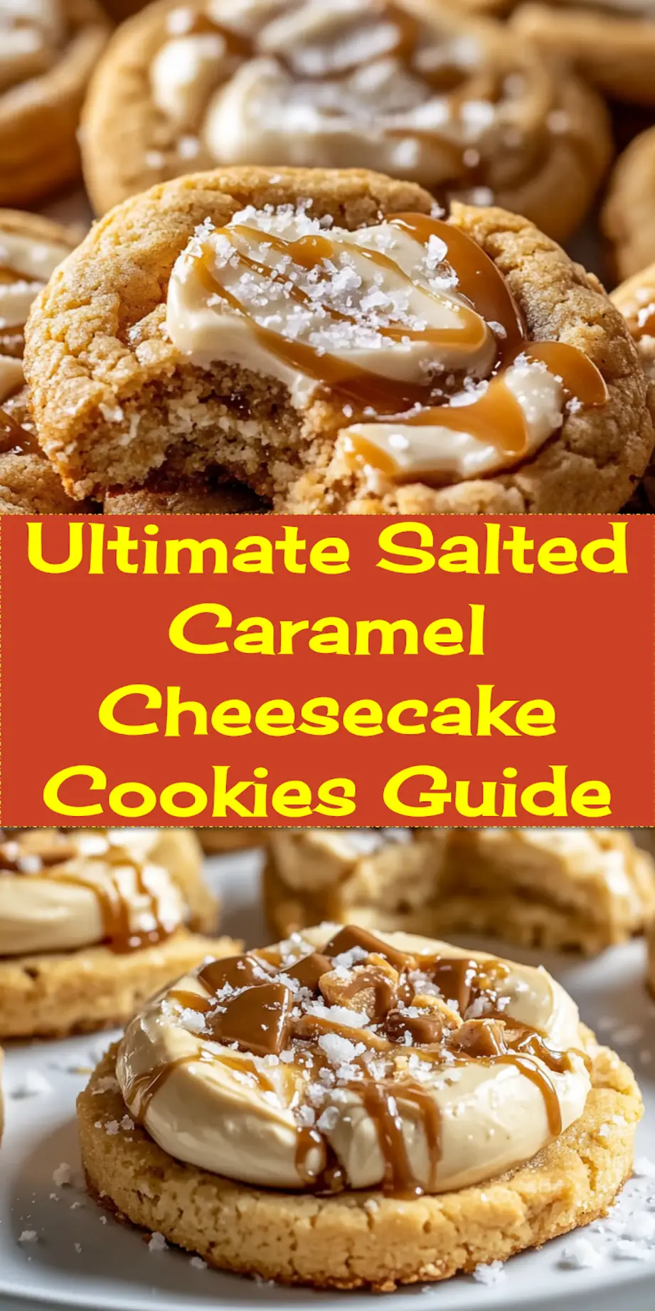 A close-up, top-down view of several freshly baked Salted Caramel Cheesecake Cookies on a cooling rack, drizzled generously with golden salted caramel sauce and sprinkled with flaky sea salt. Perfect for a Pinterest pin.