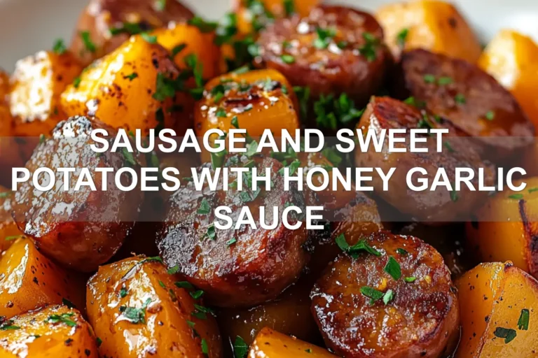 SAUSAGE AND SWEET POTATOES WITH HONEY GARLIC SAUCE centered hero view, clean and uncluttered
