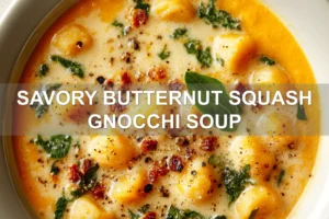 SAVORY BUTTERNUT SQUASH GNOCCHI SOUP centered hero view, clean and uncluttered