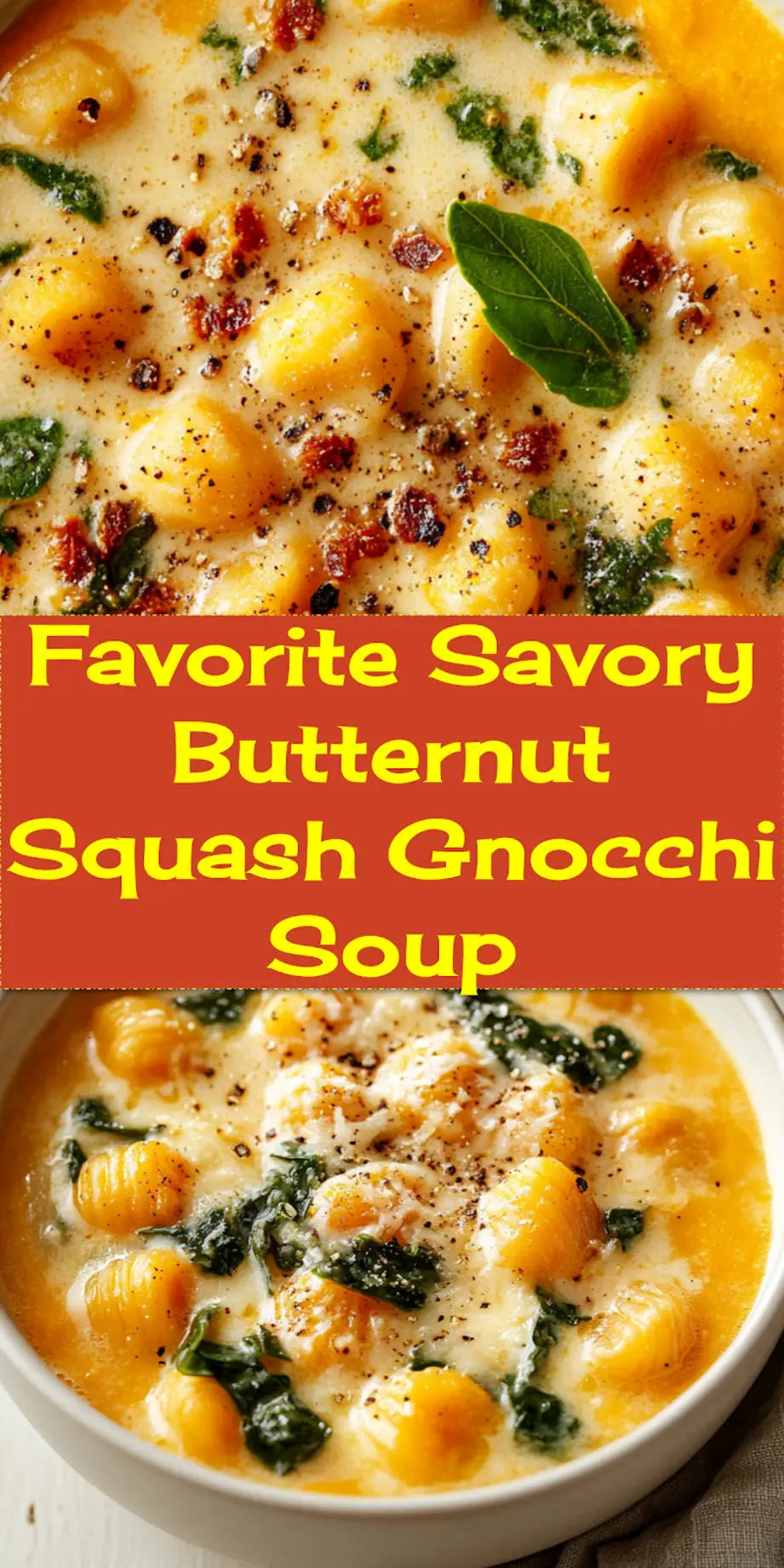 Close-up of a rustic bowl of Savory Butternut Squash Gnocchi Soup, garnished with fresh herbs and a swirl of cream, ready for pinning on Pinterest as a perfect fall recipe.
