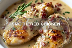 SMOTHERED CHICKEN centered hero view, clean and uncluttered