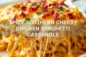 SPICY SOUTHERN CHEESY CHICKEN SPAGHETTI CASSEROLE centered hero view, clean and uncluttered