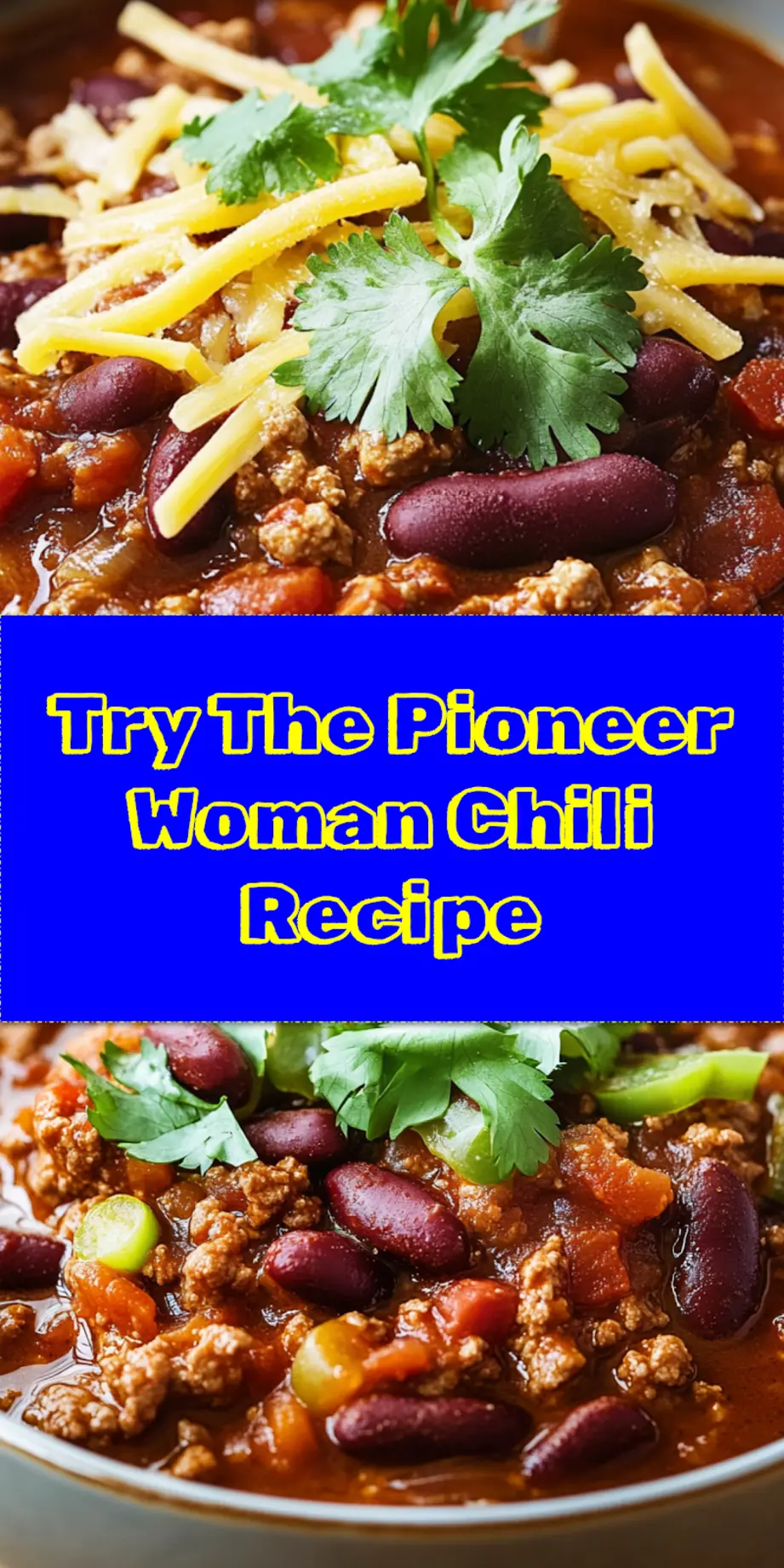 A top-down view of a rustic cast-iron pot filled with rich, simmering Pioneer Woman-inspired chili, with a ladle ready for serving. Ideal for sharing on Pinterest.