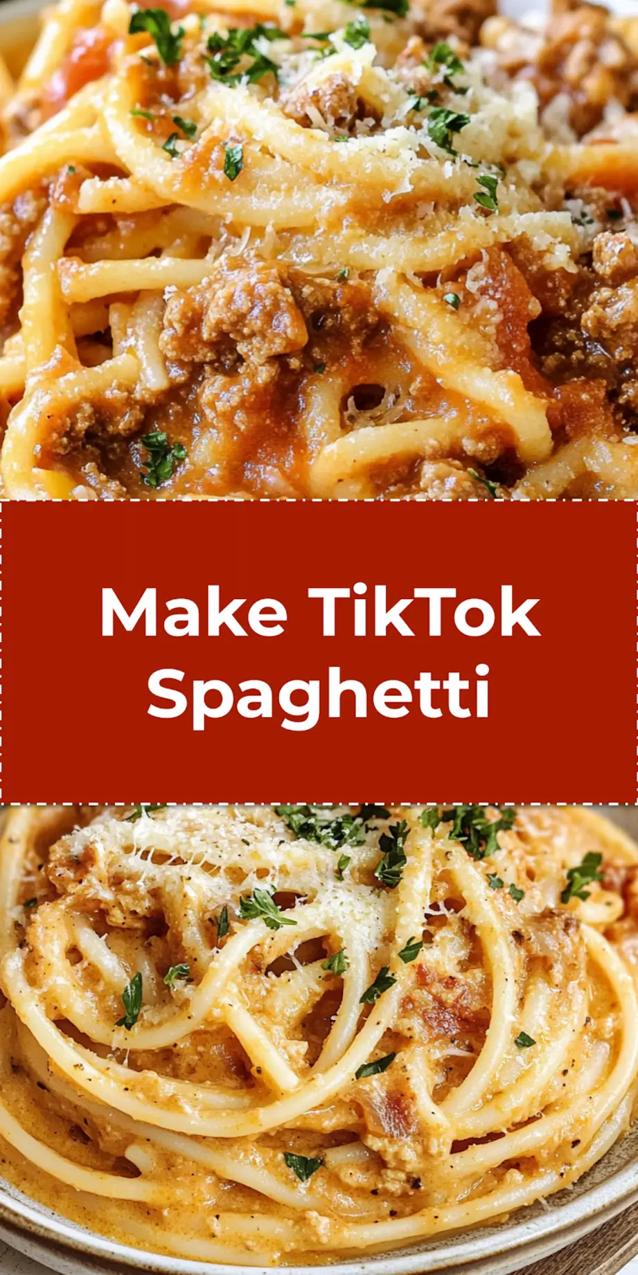 TikTok Spaghetti Recipe Easy and Delicious Twists 4 A close-up of a serving of layered TikTok Spaghetti, showcasing the creamy Alfredo, hearty red sauce, and melted mozzarella, garnished with fresh parsley