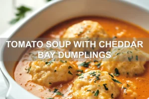 TOMATO SOUP WITH CHEDDAR BAY DUMPLINGS centered hero view, clean and uncluttered