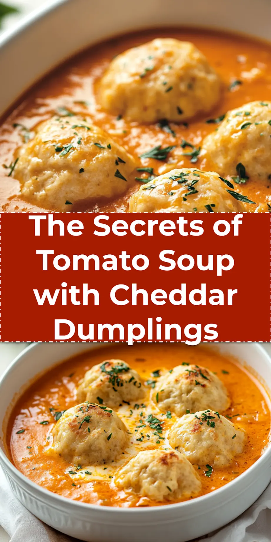 Tomato Soup with Cheddar Bay Dumplings served in rustic bowl ready to be pinned on Pinterest