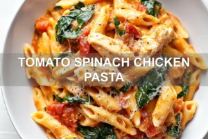 TOMATO SPINACH CHICKEN PASTA centered hero view, clean and uncluttered