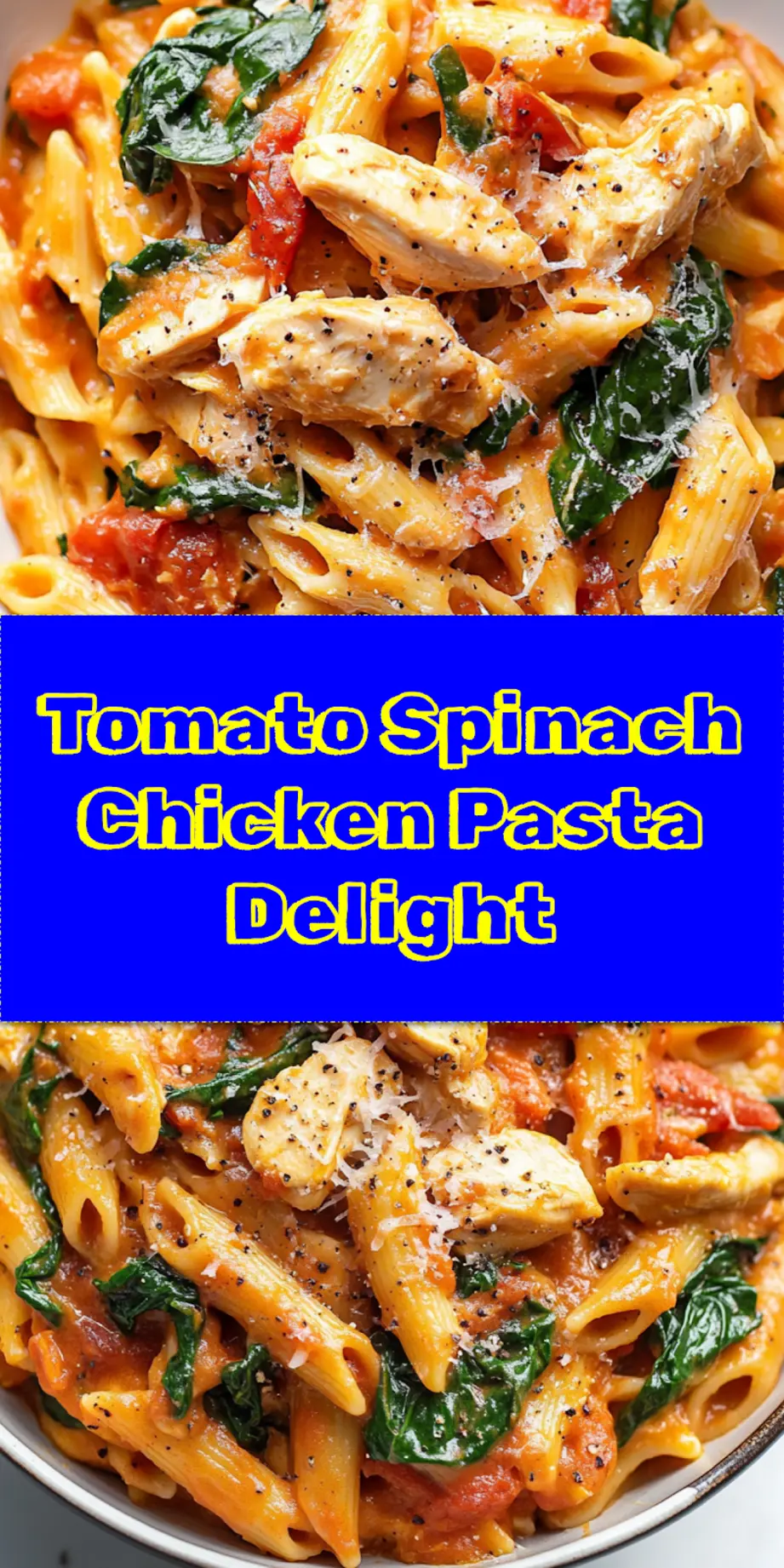 Close-up of a serving of Creamy Tomato Spinach Chicken Pasta in a bowl, garnished with fresh basil leaves and grated Parmesan cheese, perfect for a weeknight meal or comforting dinner.