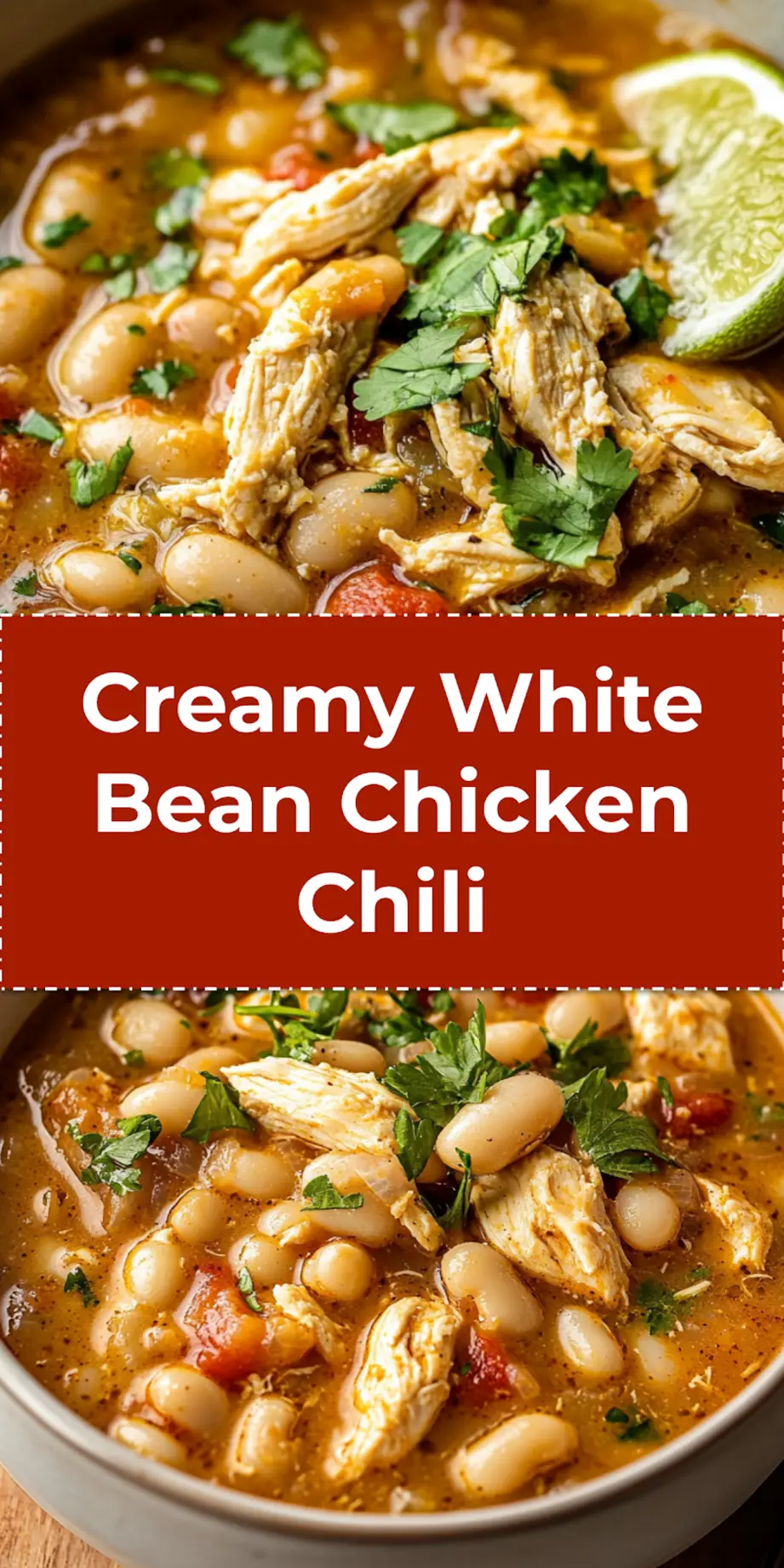 White Bean Chicken Chili Easy and Delicious Recipe 3 A comforting bowl of creamy White Bean Chicken Chili, garnished with fresh cilantro, a dollop of sour cream, and shredded cheese, ready to be served.