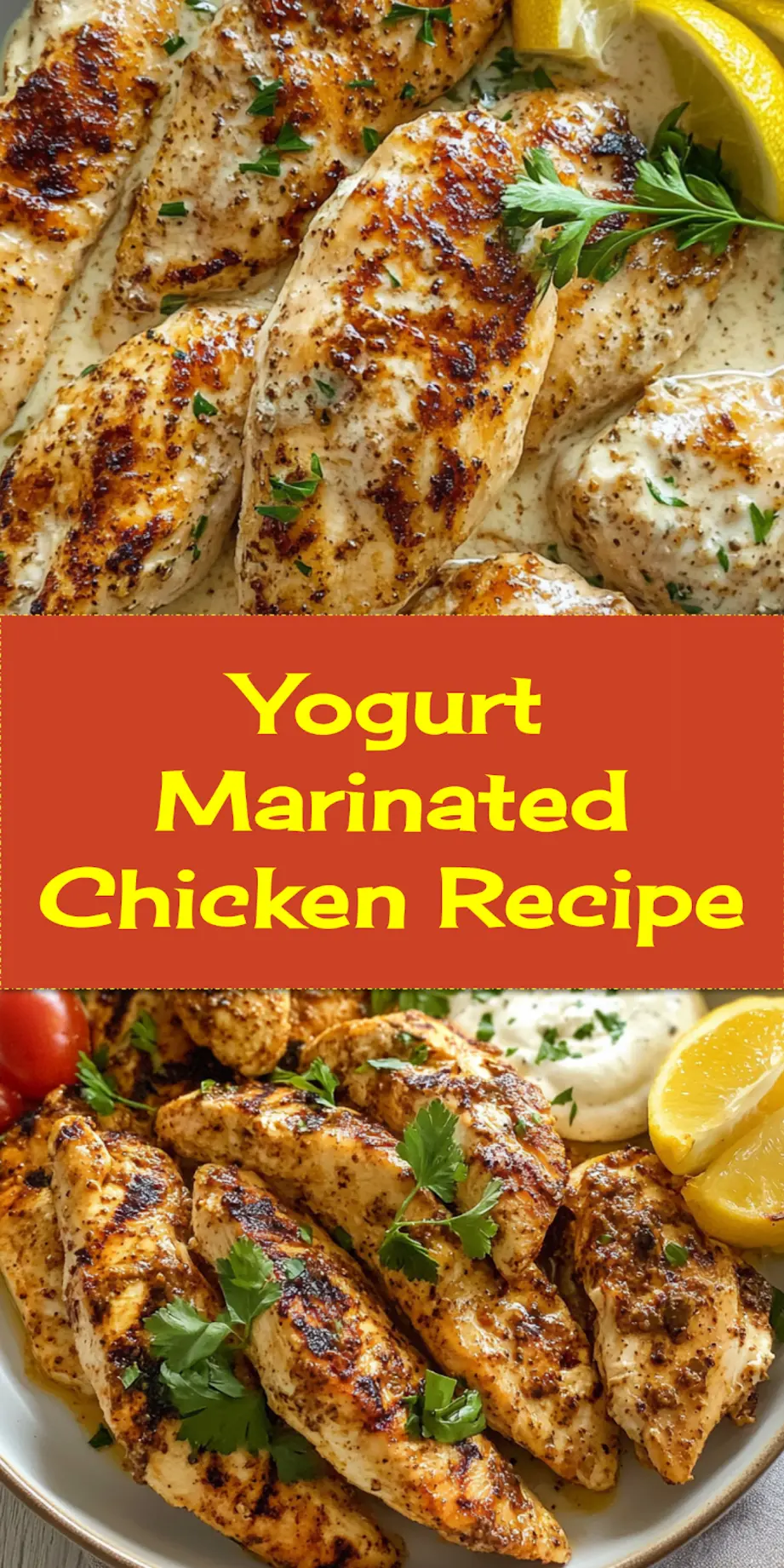 Yogurt Marinated Chicken: Simple Flavorful Delight 4 A beautifully plated dish of golden-brown yogurt marinated chicken, garnished with fresh parsley and a lemon wedge, ready to be pinned and shared. Perfect for meal planning inspiration.