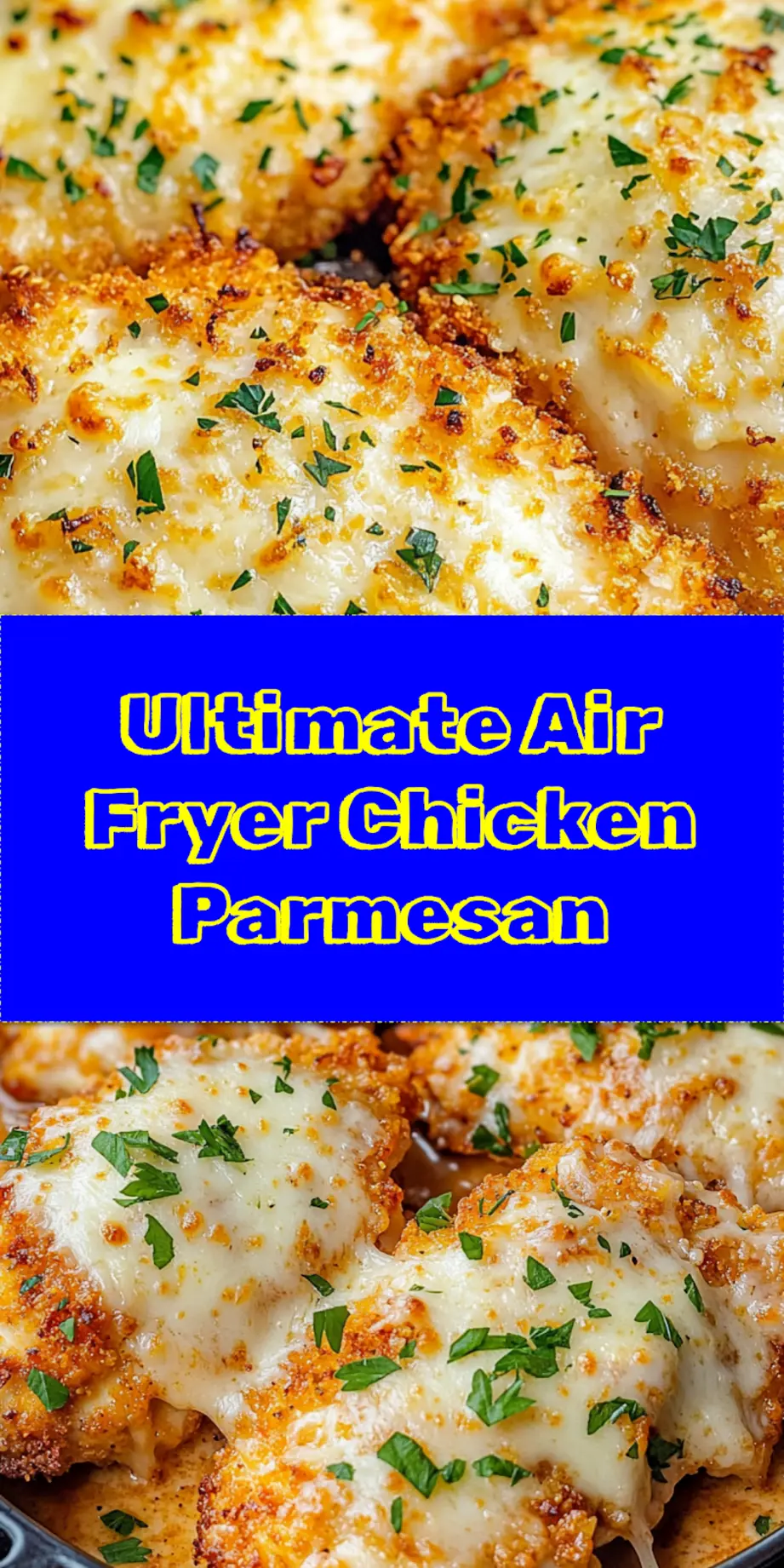 Pin image for Crispy Air Fryer Chicken Parmesan with melted cheese and marinara.