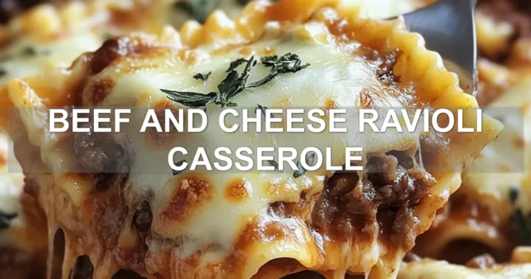 BEEF AND CHEESE RAVIOLI CASSEROLE centered hero view, clean and uncluttered