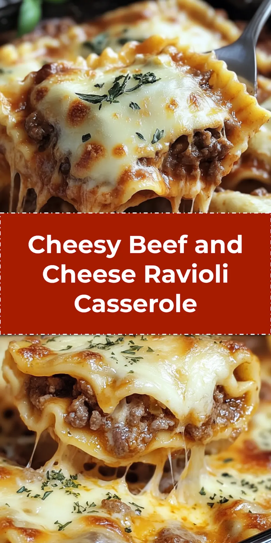 BEEF AND CHEESE RAVIOLI CASSEROLE centered hero view, clean and uncluttered_pin