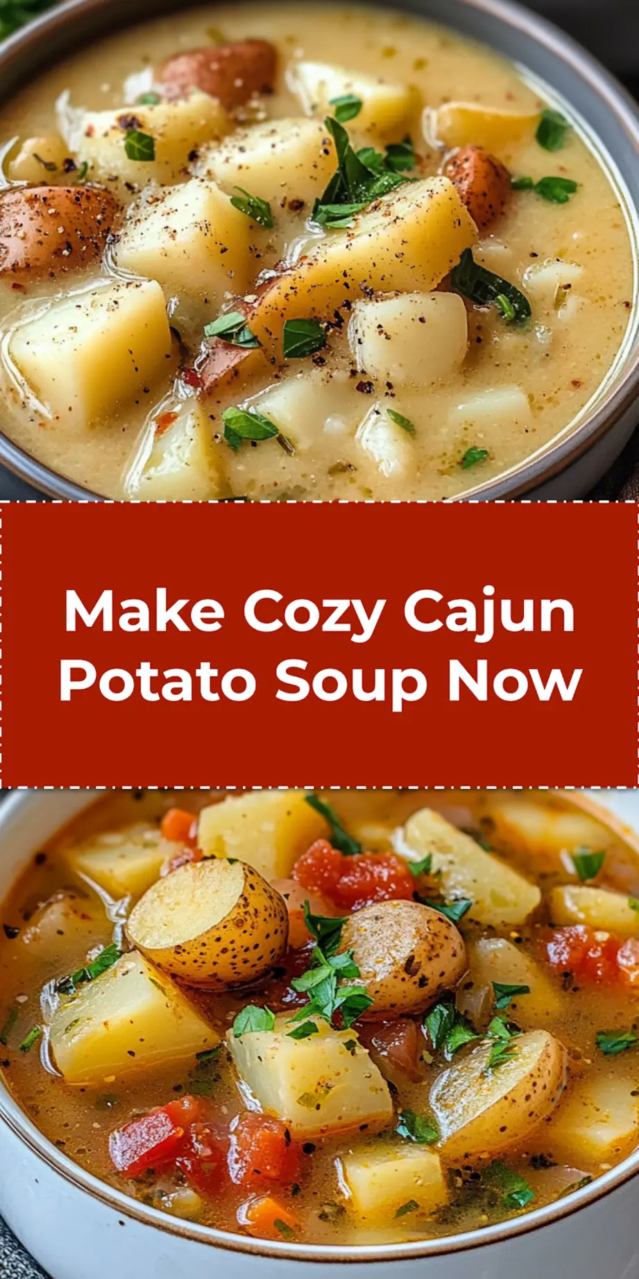 Cajun Potato Soup centered hero view, clean and uncluttered pin