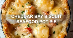CHEDDAR BAY BISCUIT SEAFOOD POT PIE centered hero view, clean and uncluttered