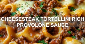CHEESESTEAK TORTELLINI RICH PROVOLONE SAUCE centered hero view, clean and uncluttered