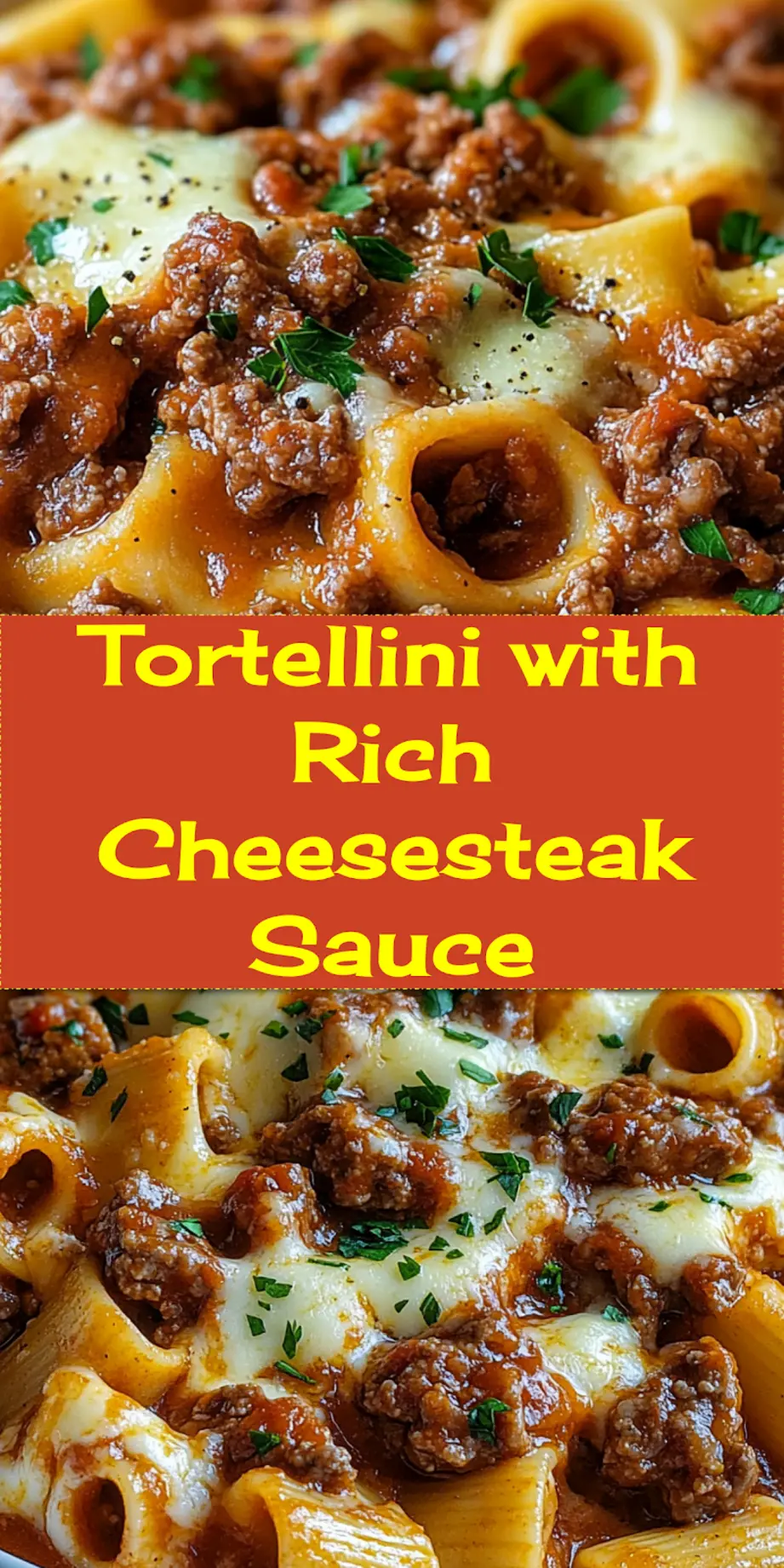CHEESESTEAK TORTELLINI RICH PROVOLONE SAUCE centered hero view, clean and uncluttered_pin