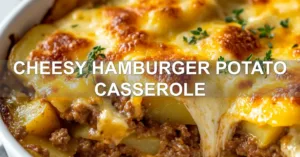 CHEESY HAMBURGER POTATO CASSEROLE centered hero view, clean and uncluttered