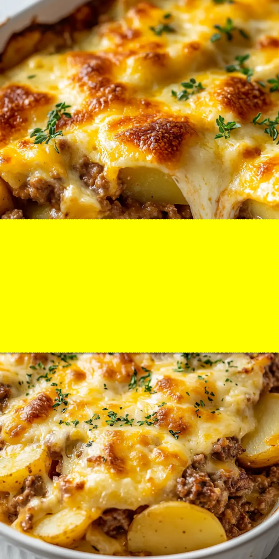 CHEESY HAMBURGER POTATO CASSEROLE centered hero view, clean and uncluttered_pin