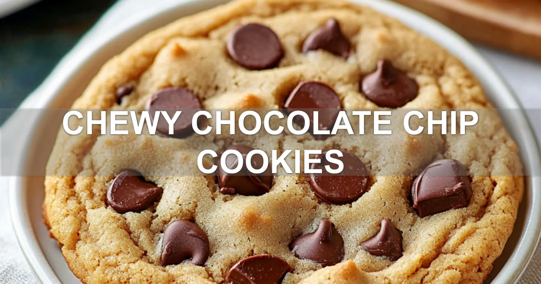 CHEWY CHOCOLATE CHIP COOKIES centered hero view, clean and uncluttered