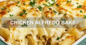 CHICKEN ALFREDO BAKE centered hero view, clean and uncluttered