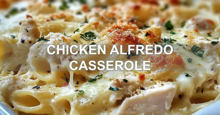 CHICKEN ALFREDO CASSEROLE centered hero view, clean and uncluttered