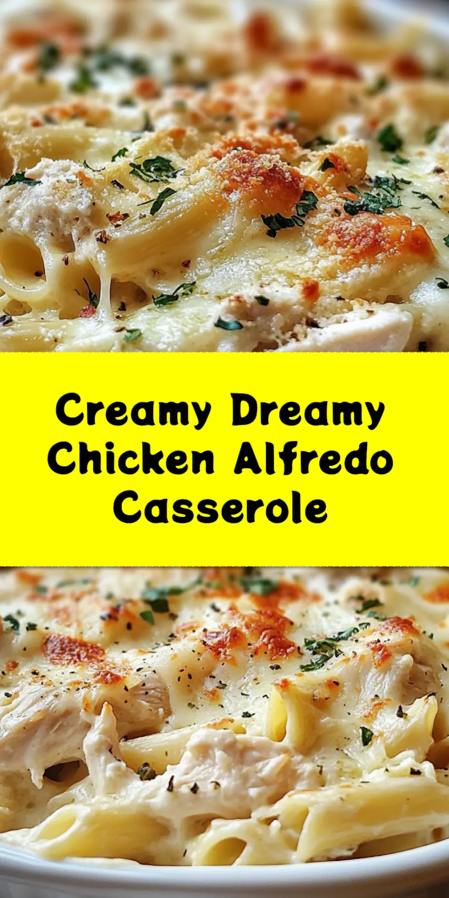 CHICKEN ALFREDO CASSEROLE centered hero view, clean and uncluttered_pin