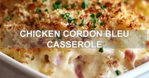 CHICKEN CORDON BLEU CASSEROLE centered hero view, clean and uncluttered