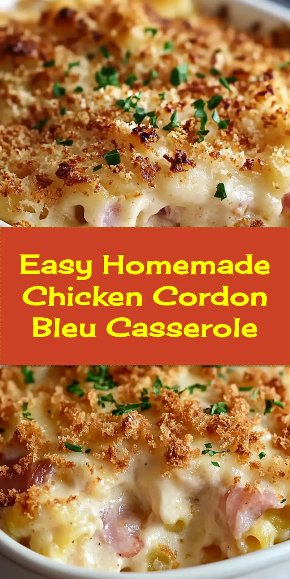 CHICKEN CORDON BLEU CASSEROLE centered hero view, clean and uncluttered_pin