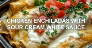 CHICKEN ENCHILADAS WITH SOUR CREAM WHITE SAUCE centered hero view, clean and uncluttered