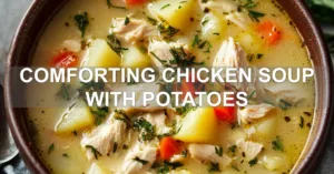 COMFORTING CHICKEN SOUP WITH POTATOES centered hero view, clean and uncluttered