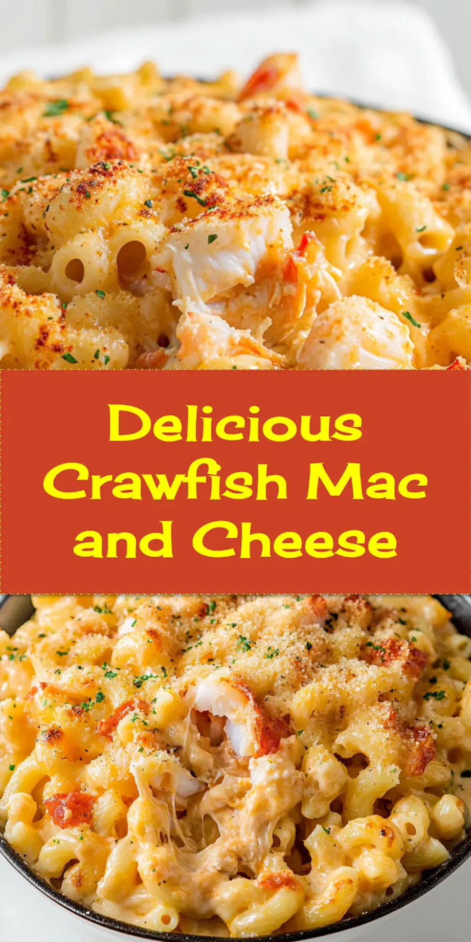 Golden, bubbling Crawfish Mac and Cheese baked in a cast iron skillet, ready to serve.