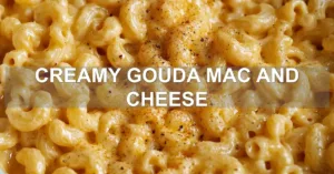 CREAMY GOUDA MAC AND CHEESE centered hero view, clean and uncluttered