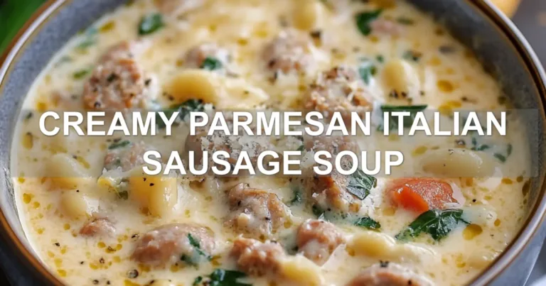 CREAMY PARMESAN ITALIAN SAUSAGE SOUP centered hero view, clean and uncluttered