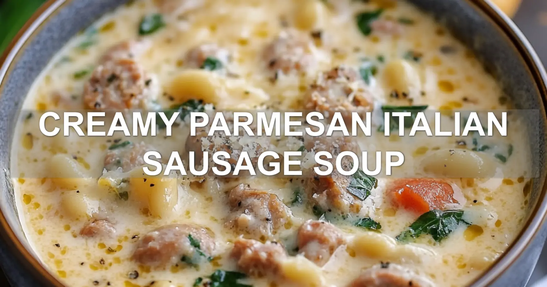 Quick Creamy Parmesan Italian Sausage Soup Recipe 2 CREAMY PARMESAN ITALIAN SAUSAGE SOUP centered hero view, clean and uncluttered