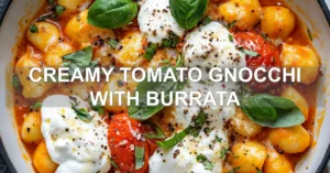 CREAMY TOMATO GNOCCHI WITH BURRATA centered hero view, clean and uncluttered