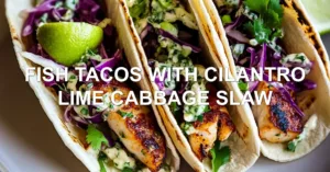 FISH TACOS WITH CILANTRO LIME CABBAGE SLAW centered hero view, clean and uncluttered