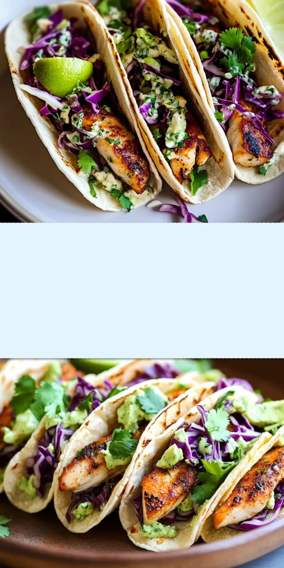 Delicious Fish Tacos with Cilantro Lime Cabbage Slaw 4 FISH TACOS WITH CILANTRO LIME CABBAGE SLAW centered hero view, clean and uncluttered_pin