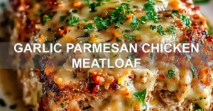 GARLIC PARMESAN CHICKEN MEATLOAF centered hero view, clean and uncluttered