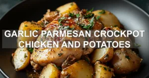 Irresistible Garlic Parmesan Crockpot Chicken Recipe GARLIC PARMESAN CROCKPOT CHICKEN AND POTATOES centered hero view, clean and uncluttered
