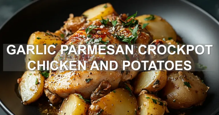 GARLIC PARMESAN CROCKPOT CHICKEN AND POTATOES centered hero view, clean and uncluttered