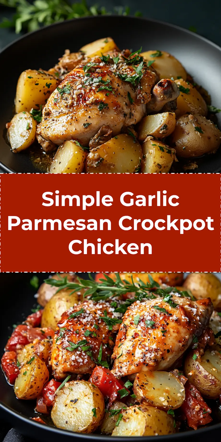 GARLIC PARMESAN CROCKPOT CHICKEN AND POTATOES centered hero view, clean and uncluttered_pin