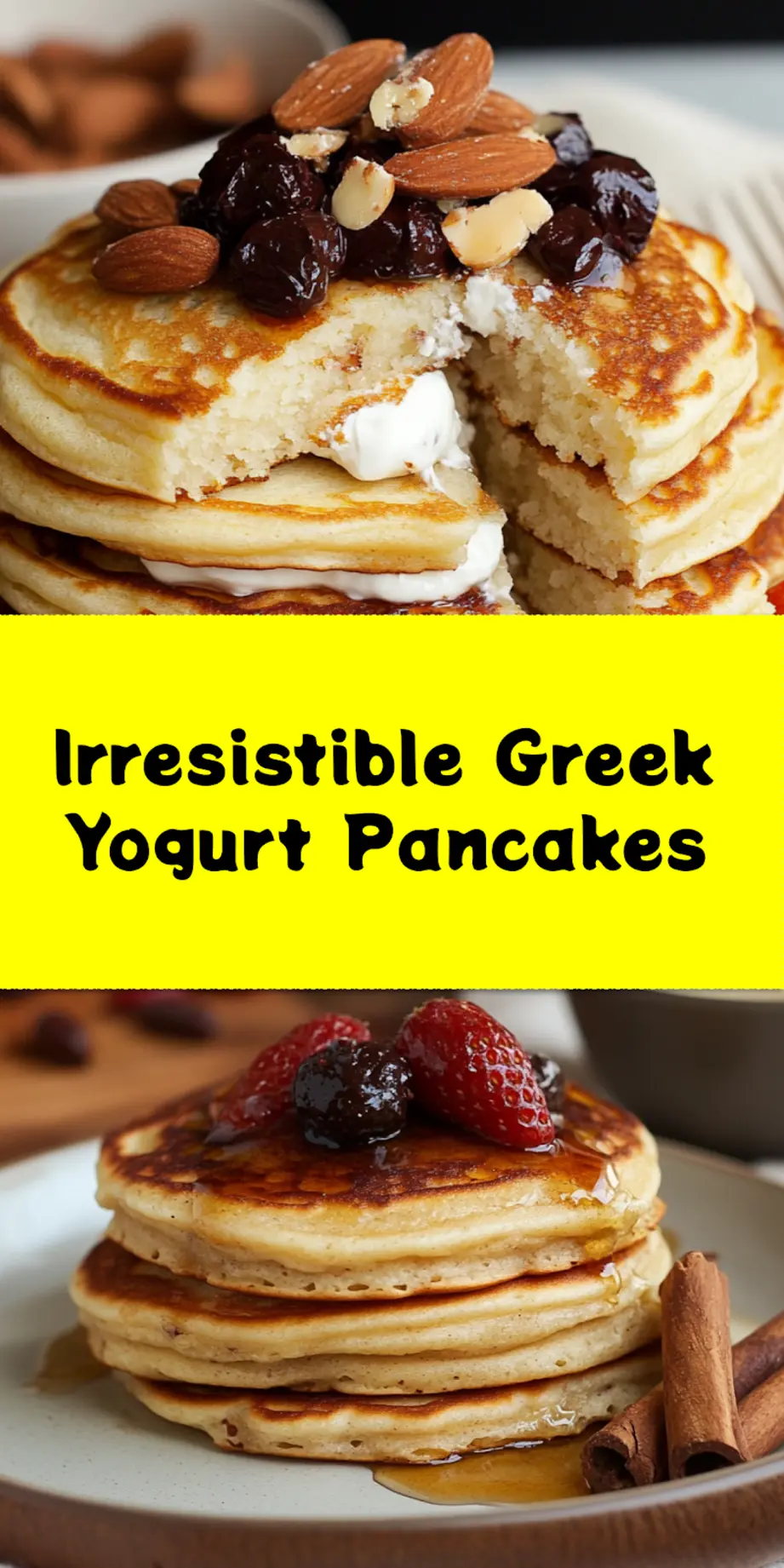 Greek Yogurt Pancakes Vibrant and Easy Recipe 4 GREEK YOGURT PANCAKES centered hero view, clean and uncluttered_pin
