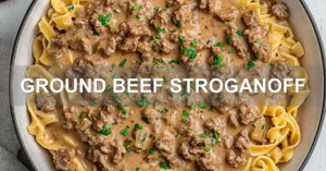 GROUND BEEF STROGANOFF centered hero view, clean and uncluttered