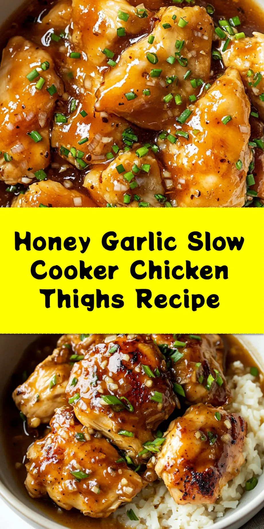 HONEY GARLIC SLOW COOKER CHICKEN THIGHS centered hero view, clean and uncluttered_pin