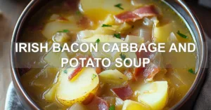 IRISH BACON CABBAGE AND POTATO SOUP centered hero view, clean and uncluttered